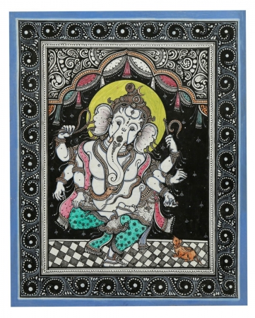 Handmade Dancing Lord Ganesha Pattachitra Made by Traditional Odisha Artist - size 8 x 10 inch