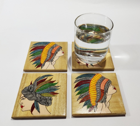 Modern Art Design Hand Painted Wooden Coaster set of 4-3.75