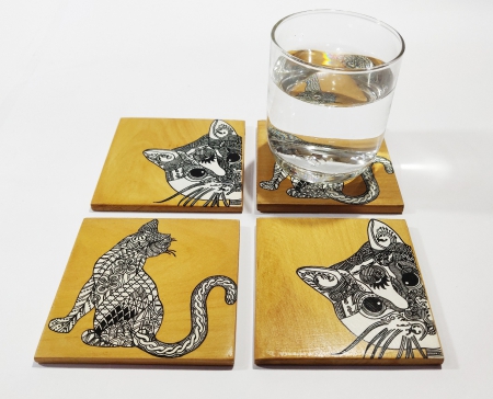 Pet Art Design Hand Painted Wooden Coaster set of 4