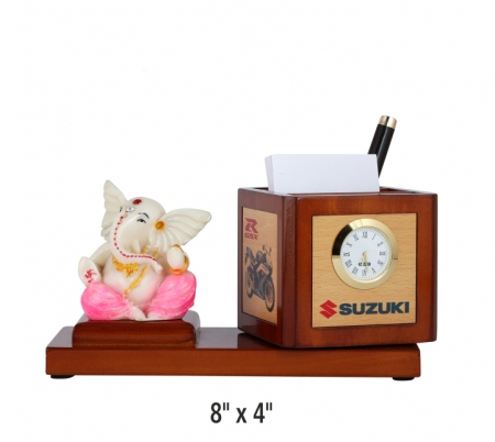 Table top - Sitting Ganesha on Wooden base with Penstand and watch